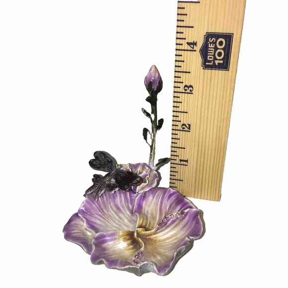 Dragonfly & Flower Ringholder Tray Trinket Enamel Over Heavy Metal With Crystals - Picture 6 of 8